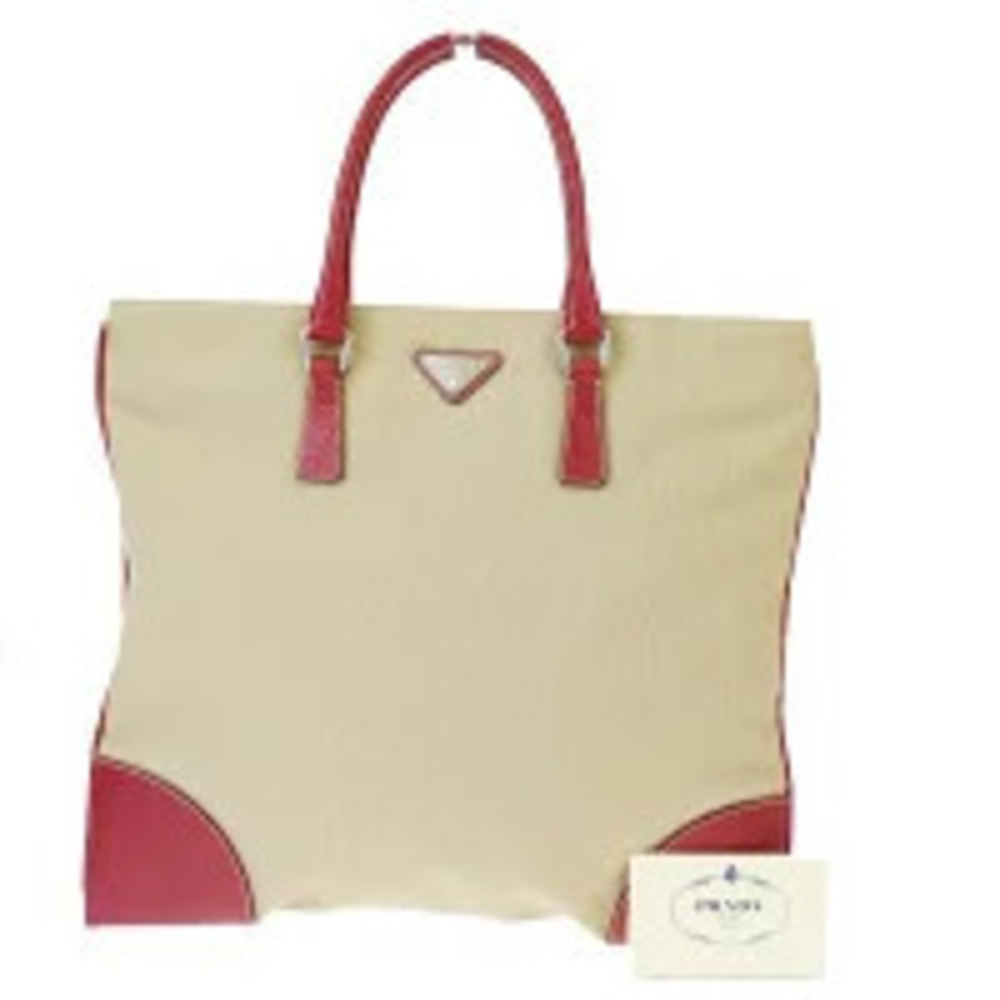 Prada Canvas Leather Handbag Beige Red